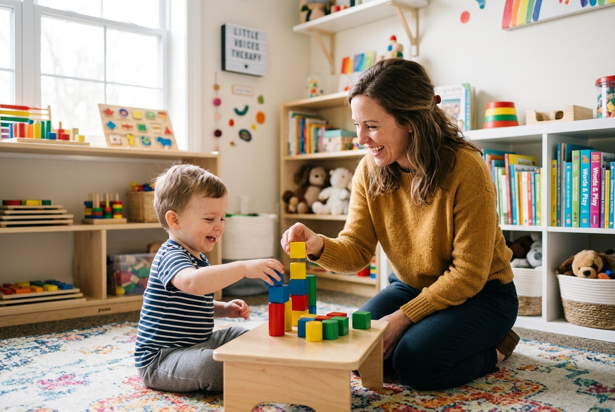 Terapeuta de lenguaje interactuando y jugando con un niño con bloques didácticos